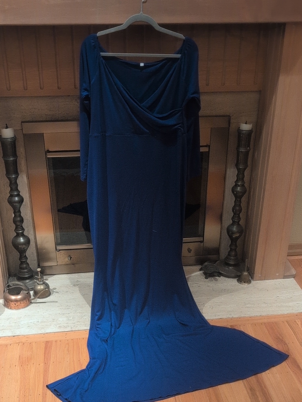 Elegant Draped Long-Sleeve Maxi Dress in Deep Blue